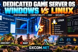 Dedicated game server operating systems comparison showing Windows vs Linux hosting performance, compatibility and cost