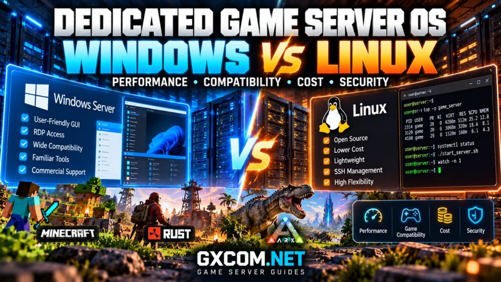 Dedicated game server operating systems comparison showing Windows vs Linux hosting performance, compatibility and cost