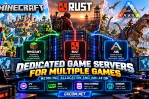 Dedicated game servers for multiple games showing Minecraft, Rust and ARK resource allocation with CPU, RAM, NVMe and network isolation