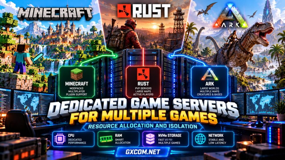 Dedicated game servers for multiple games showing Minecraft, Rust and ARK resource allocation with CPU, RAM, NVMe and network isolation