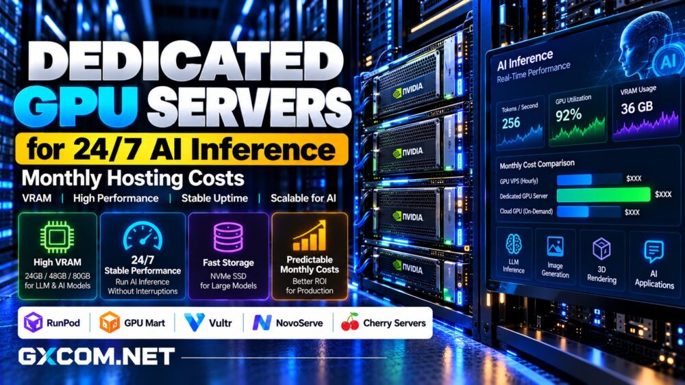 Dedicated GPU servers for 24/7 AI inference comparing monthly hosting costs, NVIDIA GPU memory, utilization and LLM inference performance