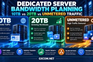 一张关于专用服务器带宽规划的信息图，对比了10TB、20TB和不限流量的配额、网络端口速度以及托管成本