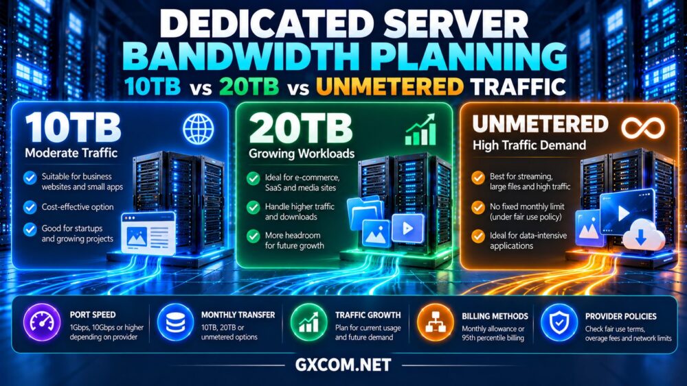 一张关于专用服务器带宽规划的信息图，对比了10TB、20TB和不限流量的配额、网络端口速度以及托管成本