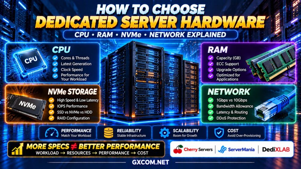 Dedicated Server Hardware Guide Comparing CPU RAM NVMe Storage RAID and Network Specifications