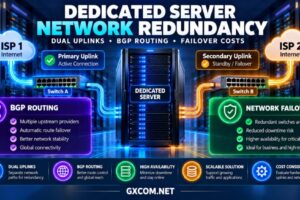 Dedicated server network redundancy diagram showing dual uplinks, redundant switches, BGP routing and failover paths
