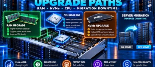Dedicated server upgrade paths comparing RAM expansion, NVMe storage upgrades, CPU replacement and migration downtime