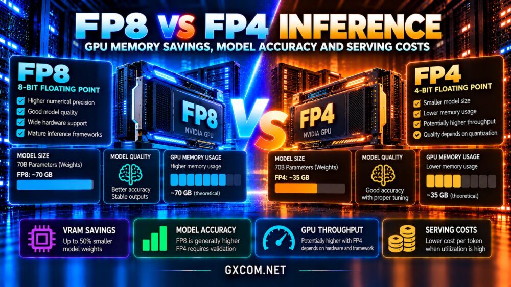 FP8 vs FP4 inference comparison showing GPU memory savings, model accuracy, NVIDIA GPU performance and LLM serving costs
