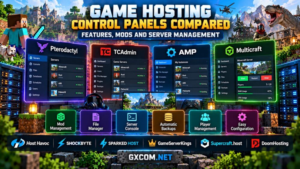 游戏托管控制面板对比评测:Pterodactyl、TCAdmin、AMP 和 Multicraft,涵盖模组管理、备份及服务器管理工具