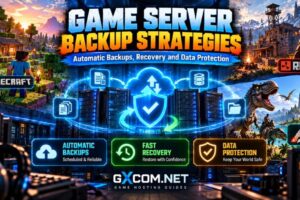 Game server backup strategies showing automatic backups, disaster recovery and data protection for multiplayer hosting