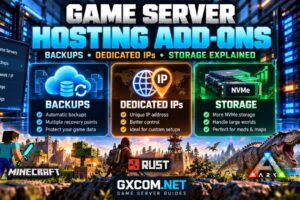 Game server hosting add-ons comparison showing automated backups, dedicated IP addresses and NVMe storage upgrades