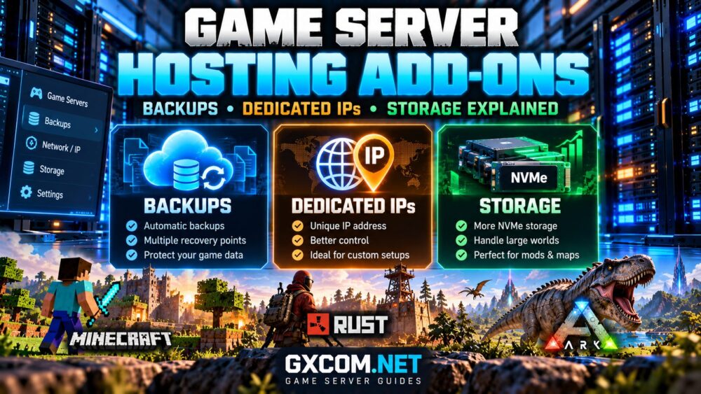 Game server hosting add-ons comparison showing automated backups, dedicated IP addresses and NVMe storage upgrades