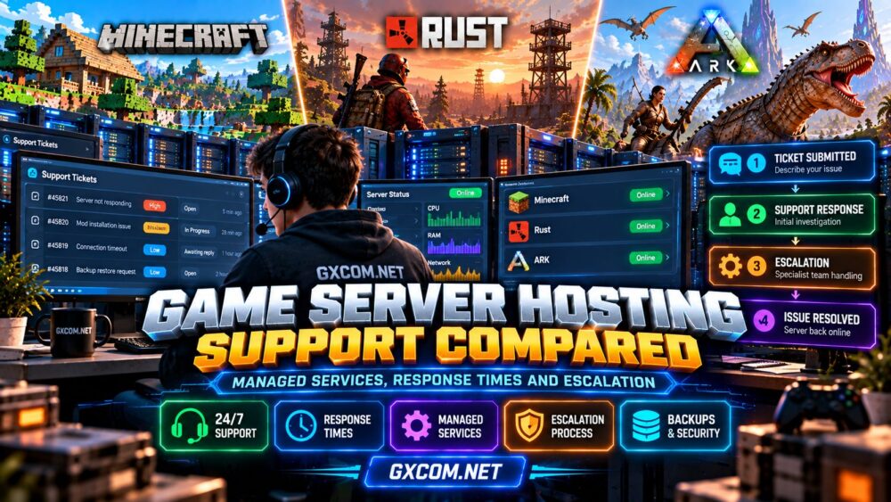 Game server hosting support comparison showing managed services, technical response times, support tickets and incident escalation