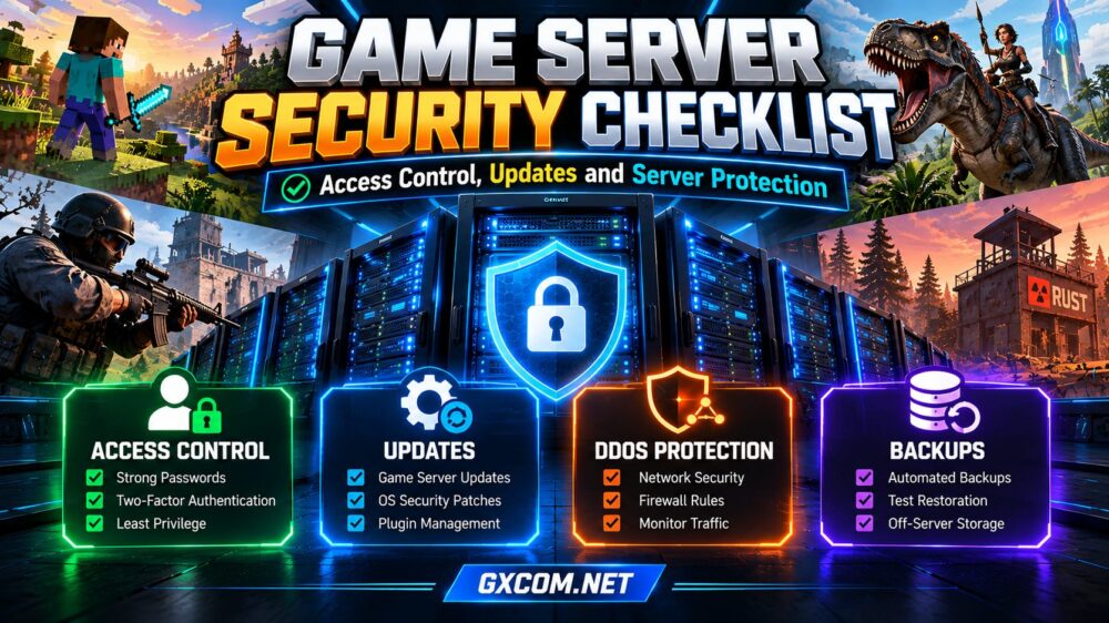 Game server security checklist covering administrator access, software updates, DDoS protection and backup security