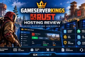 GameServerKings Rust hosting review featuring server wipes, Oxide and Carbon plugins, GSK Game Panel and backups