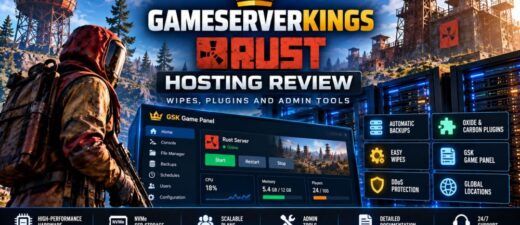 GameServerKings Rust hosting review featuring server wipes, Oxide and Carbon plugins, GSK Game Panel and backups