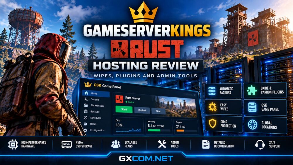 GameServerKings Rust hosting review featuring server wipes, Oxide and Carbon plugins, GSK Game Panel and backups