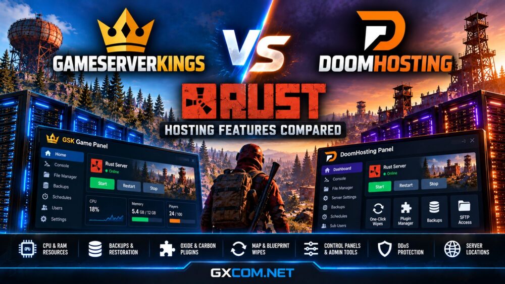 GameServerKings vs DoomHosting Rust server hosting comparison featuring wipes, plugins, control panels and backups
