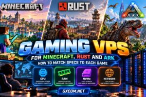 Gaming VPS for Minecraft, Rust and ARK comparing CPU, RAM, NVMe storage and network requirements for game server hosting