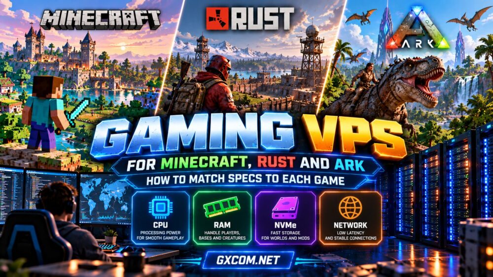 Gaming VPS for Minecraft, Rust and ARK comparing CPU, RAM, NVMe storage and network requirements for game server hosting