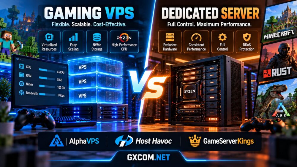 Gaming VPS vs dedicated server comparison showing CPU performance, hardware resources, server control and hosting costs