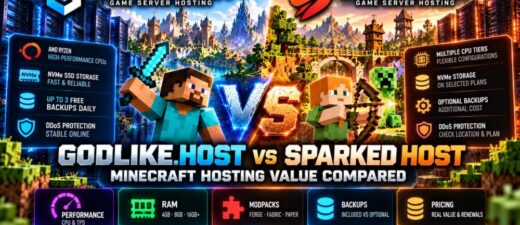 Godlike.Host vs Sparked Host Minecraft hosting comparison featuring Ryzen CPUs, RAM plans, modpacks, backups and pricing