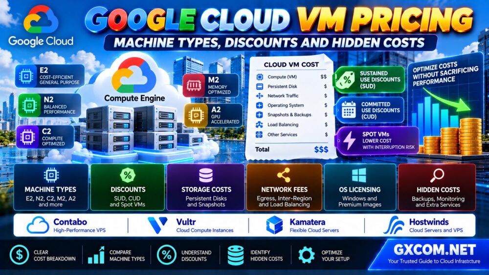 Google Cloud VM Pricing Comparison Machine Types E2 N2 Sustained Use Discounts Committed Use Discounts Spot VMs Storage and Network Costs