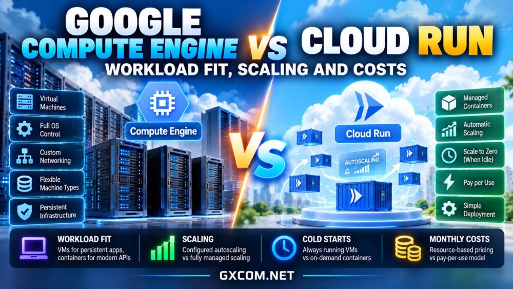 Google Compute Engine 与 Cloud Run 的对比,涵盖虚拟机、无服务器容器、自动扩展和基础设施成本