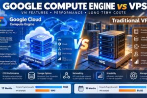 Google Cloud Compute Engine vs VPS comparison showing virtual machine features, CPU performance, storage, networking and long-term hosting costs