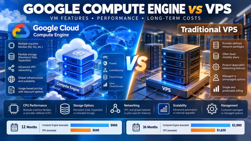 Google Cloud Compute Engine 与 VPS 的对比，展示了虚拟机的功能、CPU 性能、存储、网络以及长期托管成本