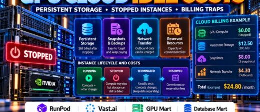 GPU cloud idle costs showing persistent storage stopped instances and hidden GPU hosting charges