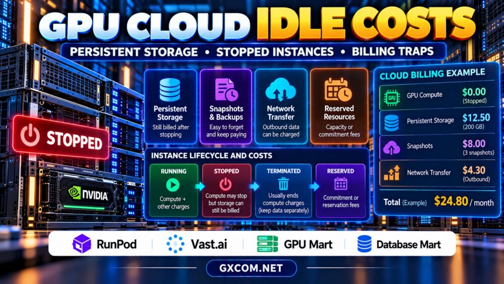 GPU cloud idle costs showing persistent storage stopped instances and hidden GPU hosting charges