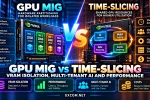 GPU MIG vs time-slicing comparison showing VRAM isolation, Kubernetes GPU sharing, multi-tenant AI inference, performance and hosting costs