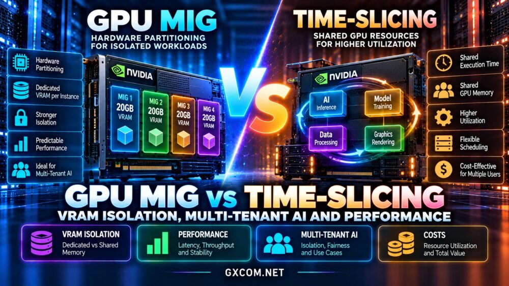 GPU MIG vs time-slicing comparison showing VRAM isolation, Kubernetes GPU sharing, multi-tenant AI inference, performance and hosting costs