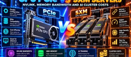 GPU PCIe vs SXM servers comparison showing NVLink, NVSwitch, HBM memory bandwidth, AI training performance and GPU cluster costs