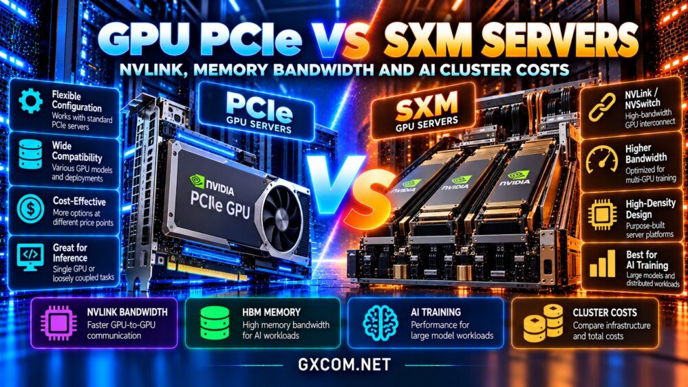 GPU PCIe vs SXM servers comparison showing NVLink, NVSwitch, HBM memory bandwidth, AI training performance and GPU cluster costs