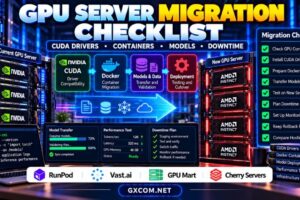 GPU server migration checklist showing CUDA driver compatibility Docker containers AI model transfers and downtime planning