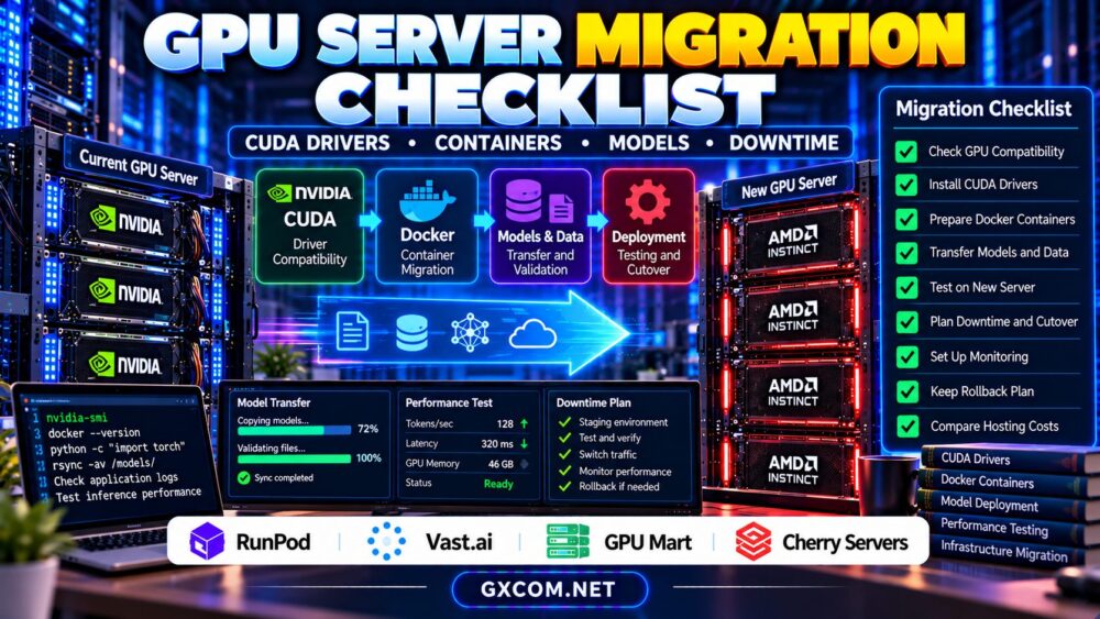 GPU server migration checklist showing CUDA driver compatibility Docker containers AI model transfers and downtime planning