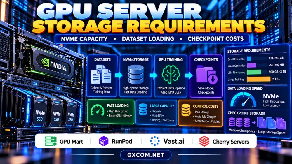 GPU server storage requirements comparing NVMe capacity dataset loading and AI training checkpoint costs