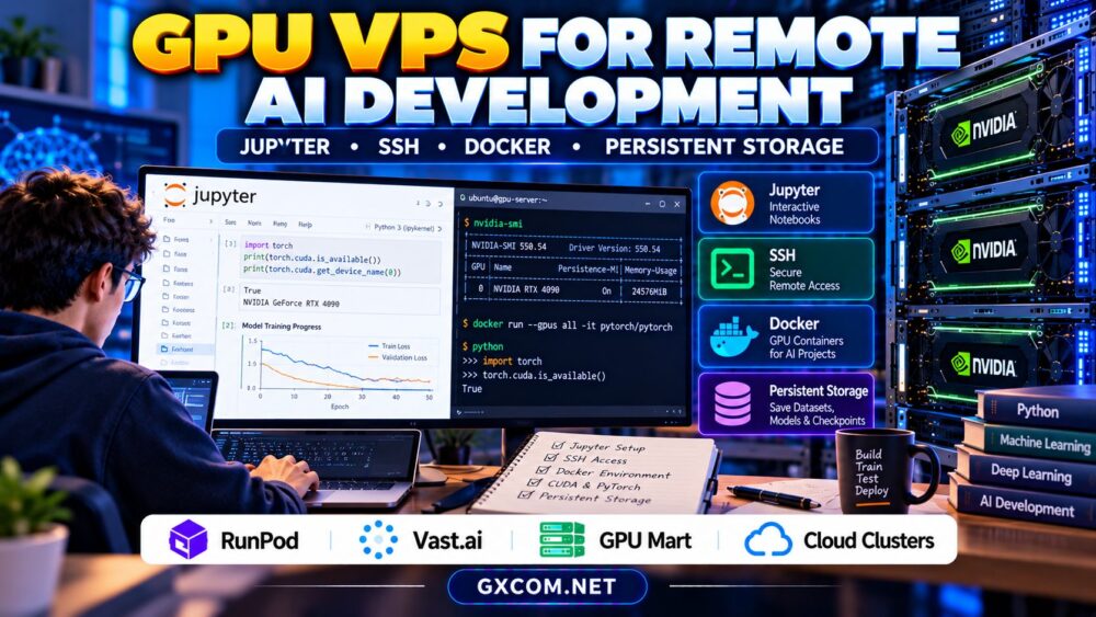 GPU VPS for remote AI development with Jupyter SSH Docker containers and persistent storage