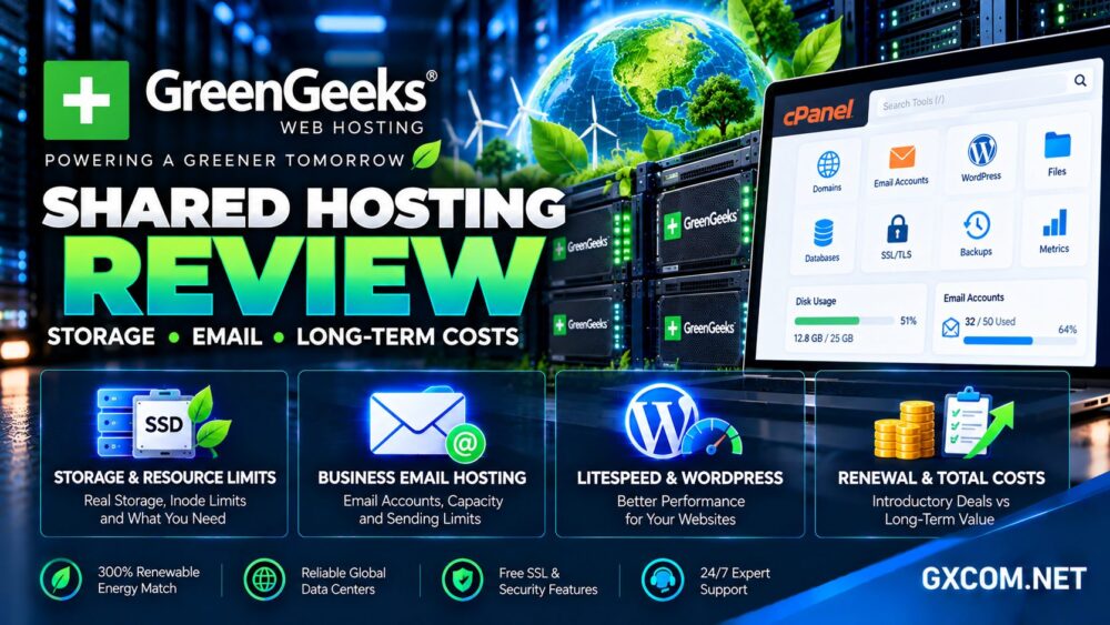 GreenGeeks 共享主机评测,涵盖存储空间限制、企业邮箱、LiteSpeed WordPress 性能、绿色能源及续费费用