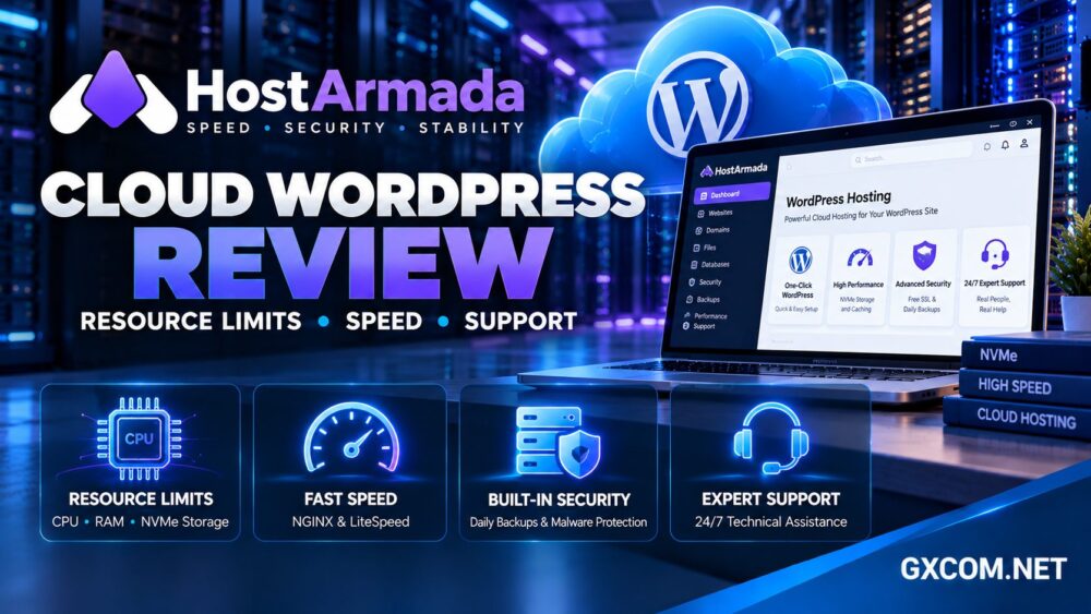 HostArmada Cloud WordPress Hosting review covering CPU and RAM resource limits, website speed, LiteSpeed and technical support