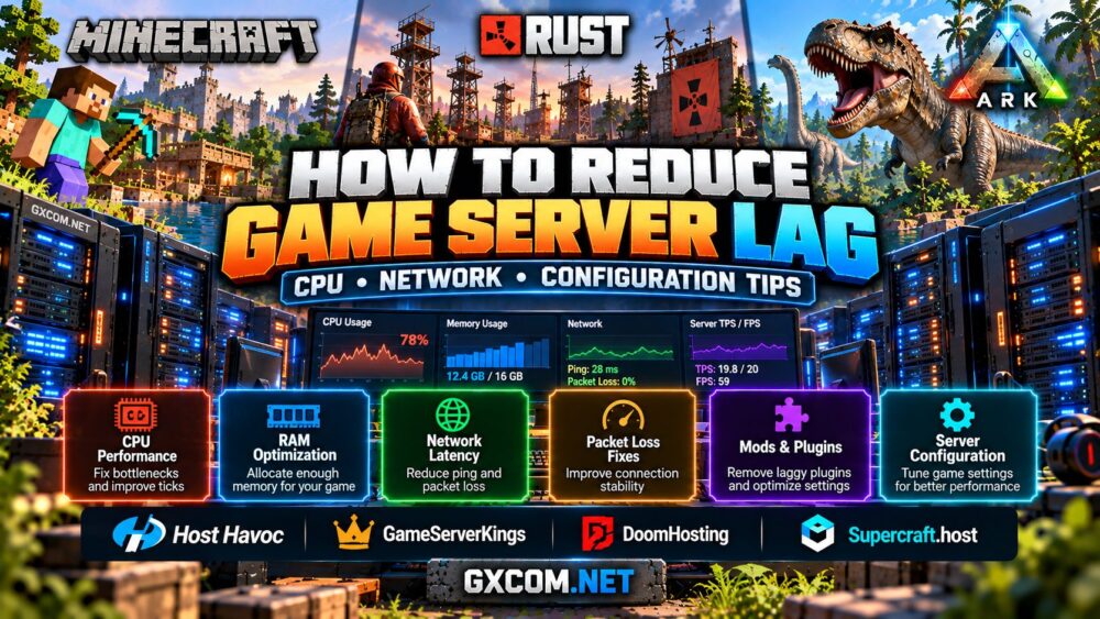 How to reduce game server lag by optimizing CPU performance, network latency, RAM, server configuration and multiplayer hosting