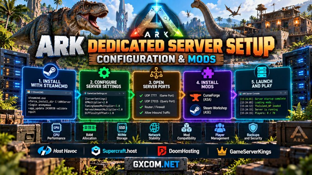 如何使用 SteamCMD、ASA 和 ASE 配置、CurseForge 模组、服务器端口以及游戏托管管理来搭建 ARK 专用服务器