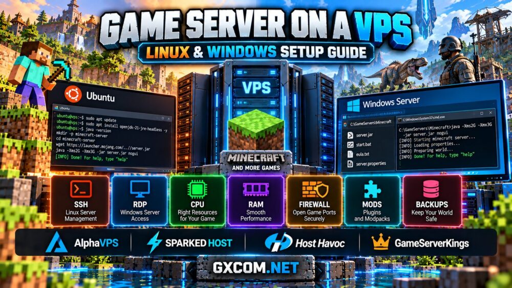 How to set up a game server on a VPS with Linux Ubuntu, Windows Server, Minecraft installation, firewall configuration, mods and server management