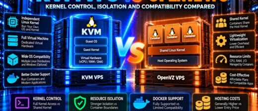 KVM VPS vs OpenVZ VPS comparison showing independent Linux kernels, container isolation, Docker compatibility and hosting costs