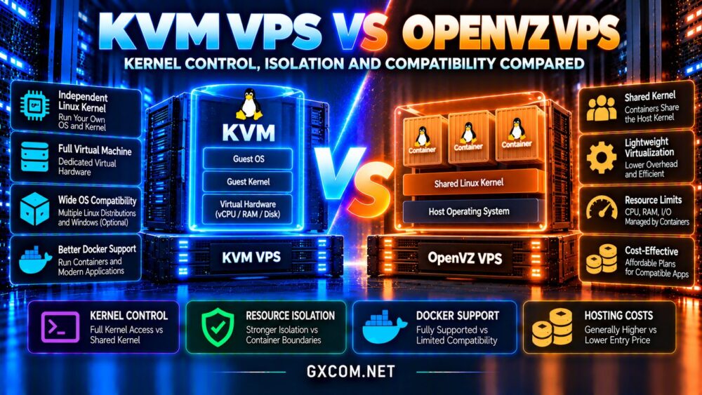 KVM VPS vs OpenVZ VPS comparison showing independent Linux kernels, container isolation, Docker compatibility and hosting costs