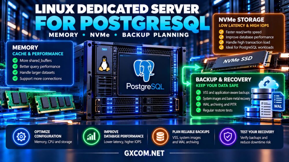 适用于 PostgreSQL 的 Linux 专用服务器，具备内存缓存、NVMe 数据库存储、WAL 归档以及备份与恢复规划