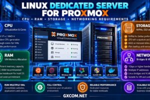 Linux dedicated server for Proxmox VE showing CPU virtualization, RAM allocation, NVMe and ZFS storage, and networking requirements