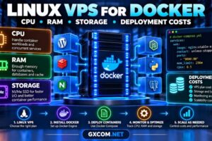 Linux VPS for Docker containers showing CPU, RAM, NVMe storage, Docker Compose deployment and hosting costs
