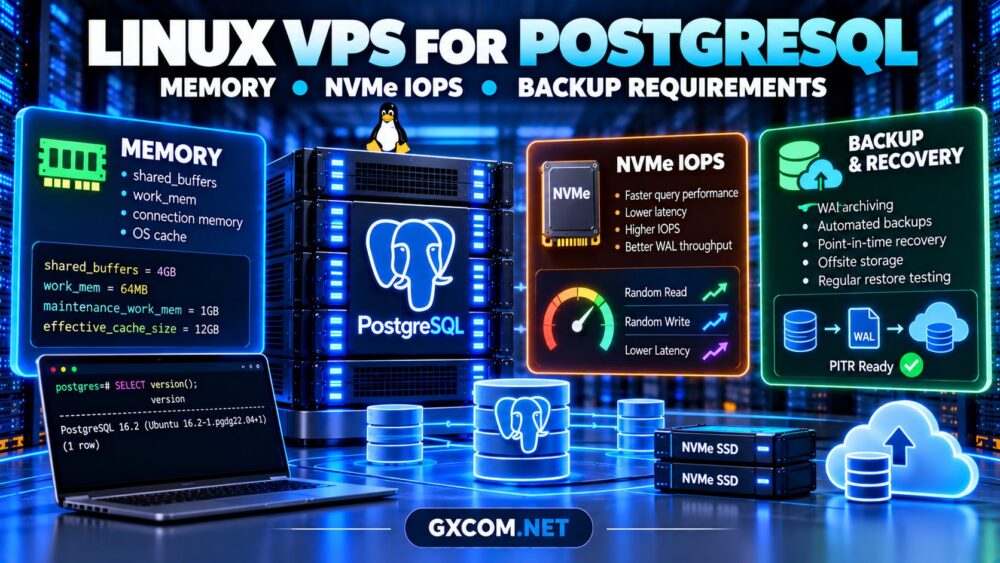 Linux VPS for PostgreSQL showing memory allocation, NVMe IOPS, WAL storage and database backup requirements